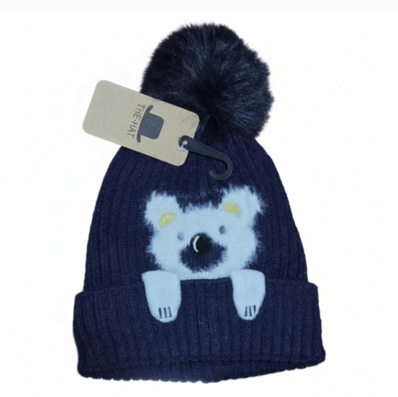 Navy Blue Kids Pom-Pom Beanie with Bear Design - Picture 2 of 3